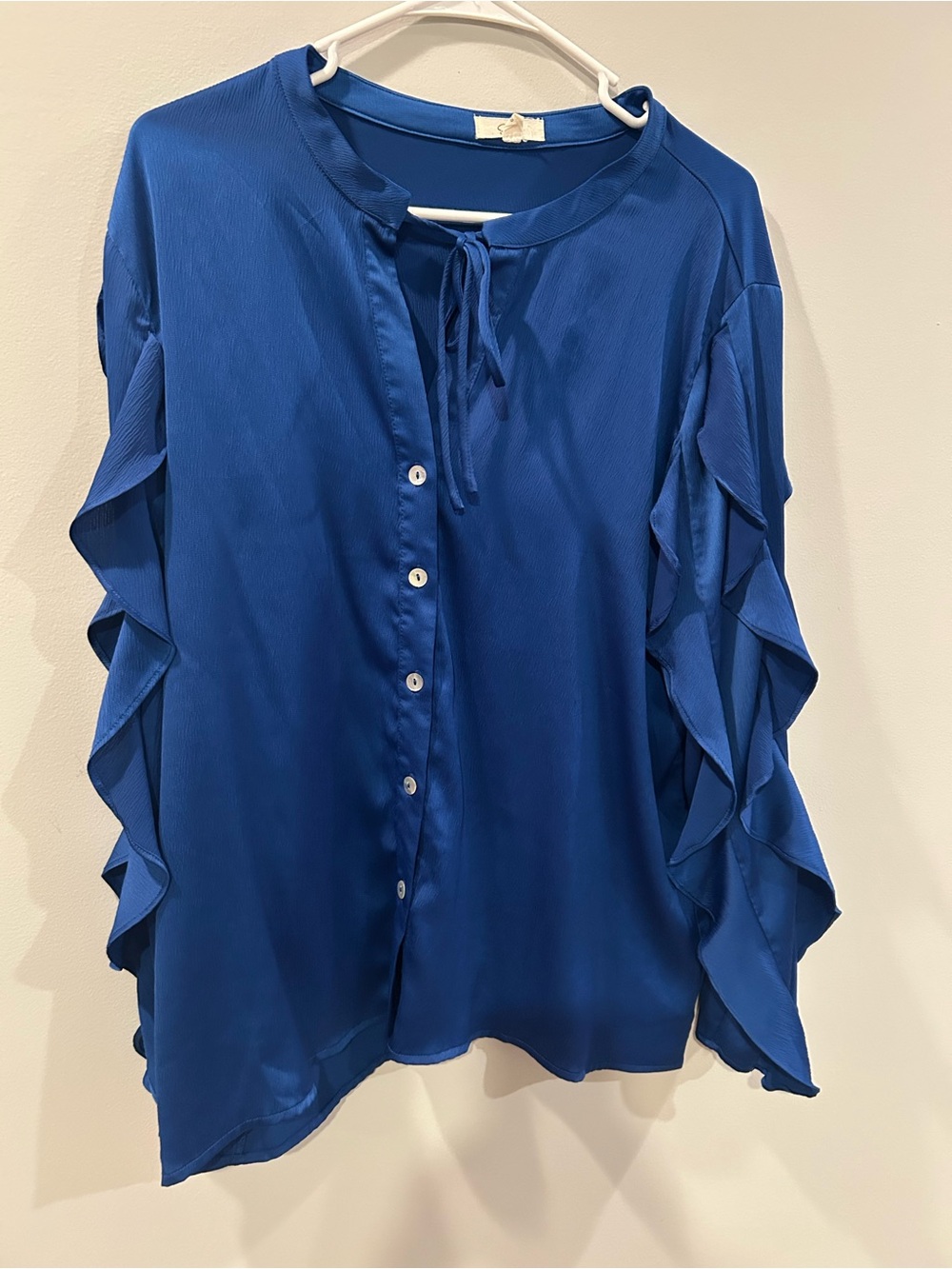 Easel Royal Blue Ruffle-Sleeve Tie-Neck Button Front Blouse